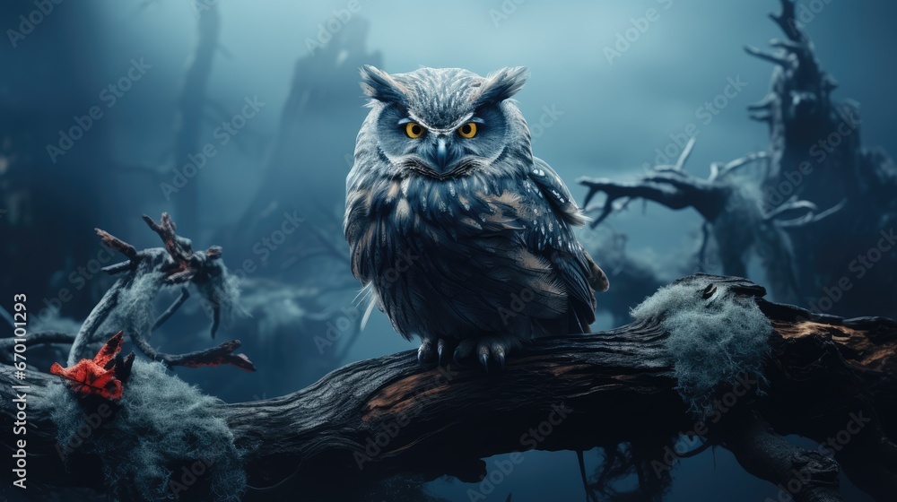 Poster  an owl sitting on top of a tree branch in the middle of a forest with dead trees and dead branches in the foreground, and a foggy sky in the background.  generative ai