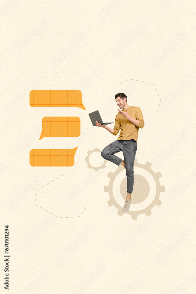 Poster collage creative poster of happy handsome man use modern netbook communicate online website app isol