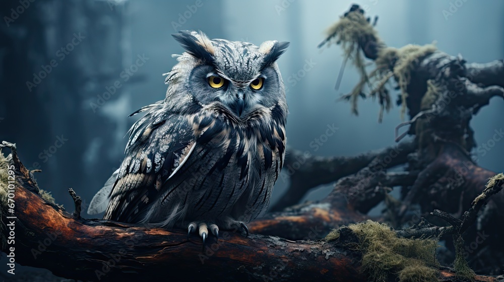 Poster  an owl sitting on top of a tree branch in the middle of a forest with moss growing on it's branches and moss growing on it's branches.  generative ai