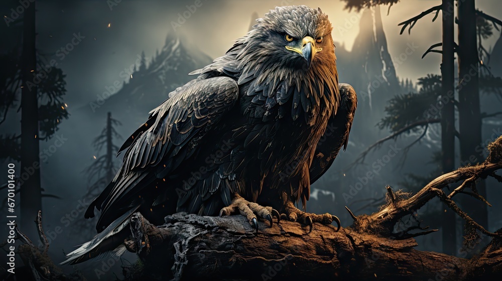 Aufkleber a large bird sitting on top of a tree branch in a forest with a full moon in the sky over the trees 