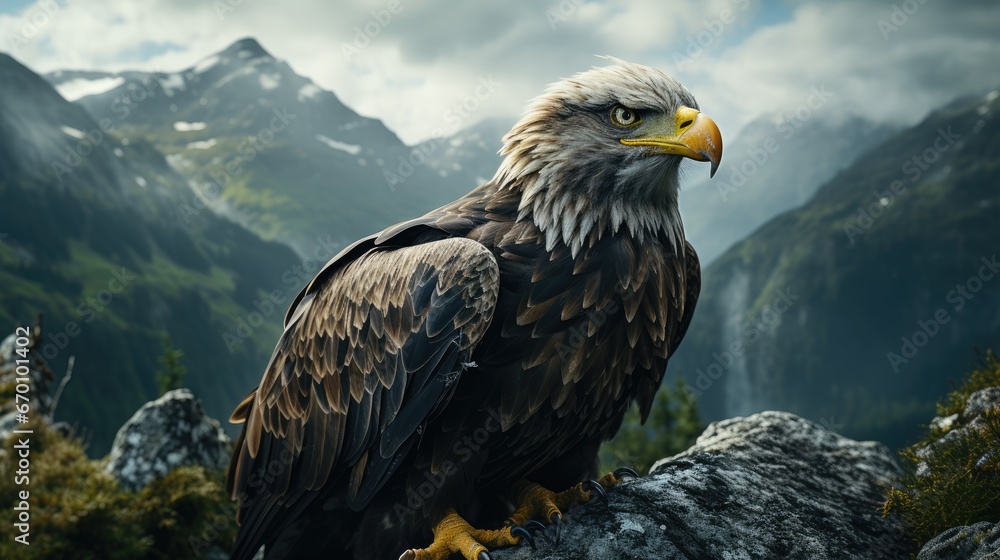Poster a close up of a bird of prey on a rock in a mountainous area with mountains in the background and a 