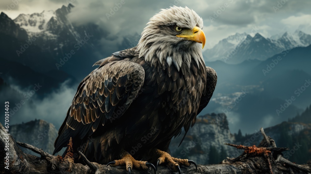 Poster a bald eagle sitting on a tree branch in front of a mountain range with a cloudy sky in the backgrou