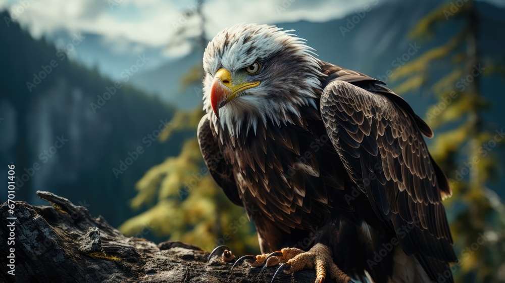 Aufkleber a close up of a bird of prey on a tree branch with mountains in the back ground and trees in the for