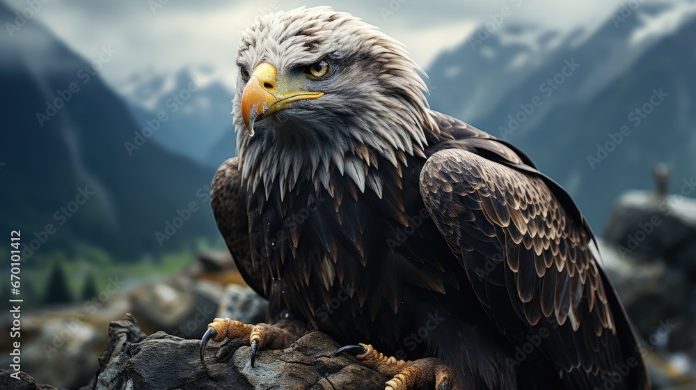 Poster a close up of a bird of prey on a tree branch with mountains in the backgrouds and a cloudy sky in t