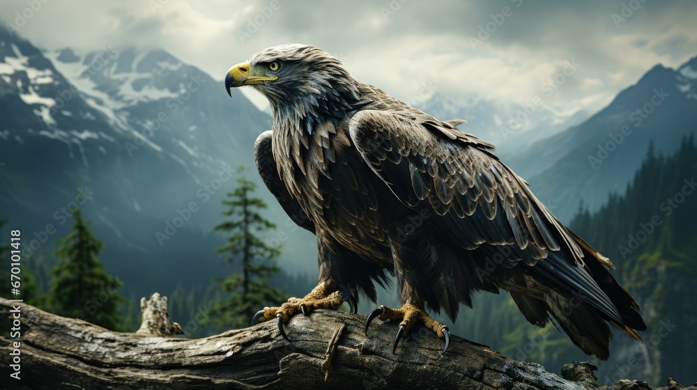 Poster a large bird perched on top of a tree branch in front of a mountain range with snow capped mountains