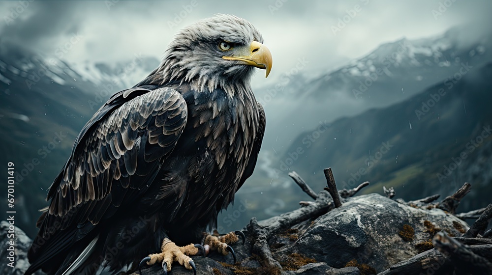 Aufkleber a close up of a bird of prey on a tree branch with mountains in the backgroup and clouds in the sky 
