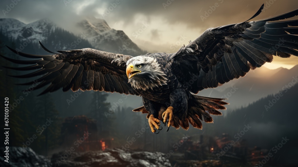 Poster a bald eagle soaring through the air with its wings spread out in front of a mountain range with a d