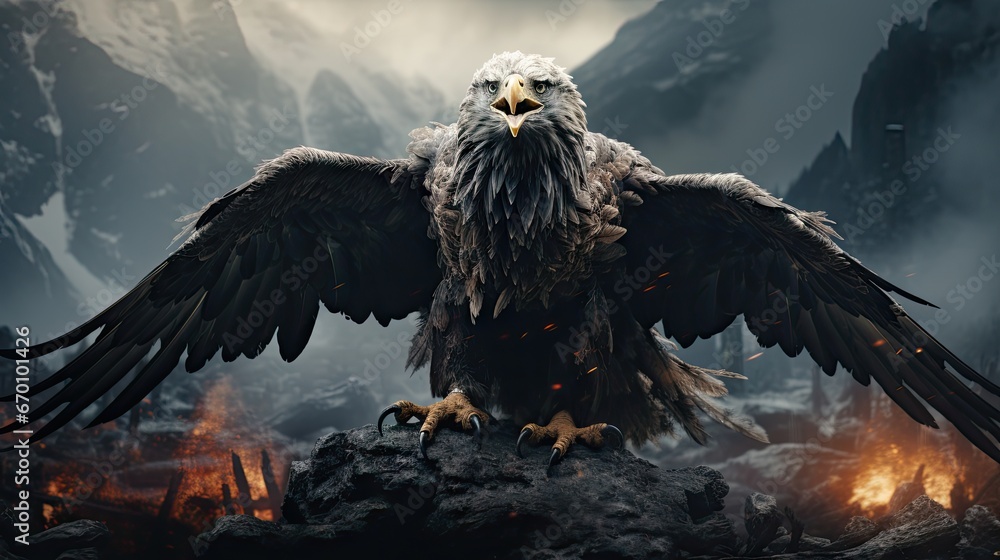 Poster a large bird sitting on top of a pile of rocks in the middle of a mountain with its wings spread wid