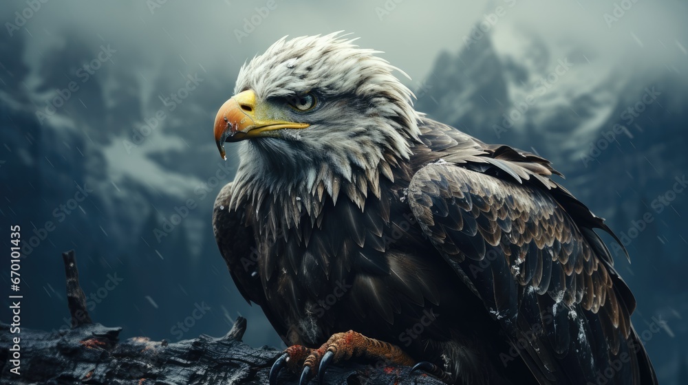 Aufkleber a close up of a bird of prey on a tree branch with a mountain in the background with snow on the gro