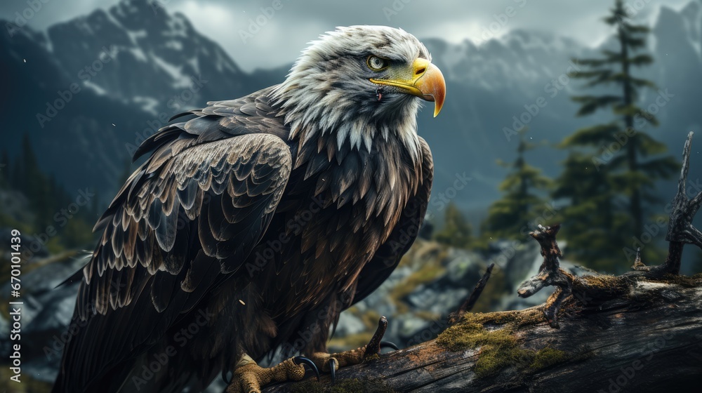Poster a bald eagle perched on a tree branch in a mountainous area with pine trees and mountains in the bac