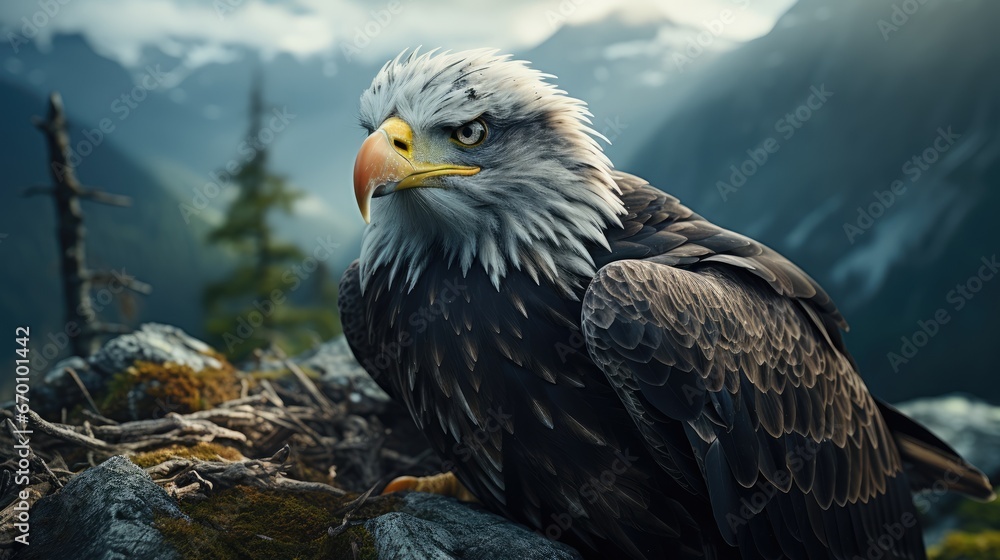 Poster a bald eagle sitting on top of a pile of rocks next to a forest filled with lots of trees and a moun