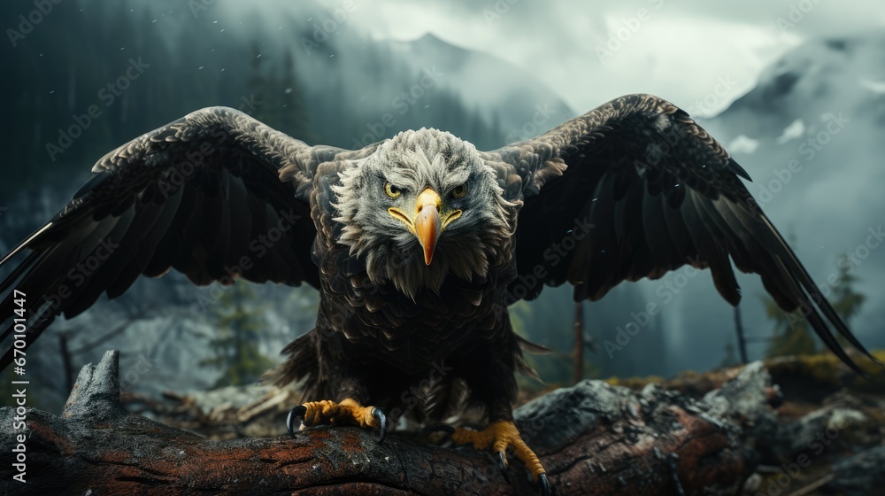 Aufkleber a close up of a bird of prey on a tree branch with mountains in the back ground and clouds in the sk