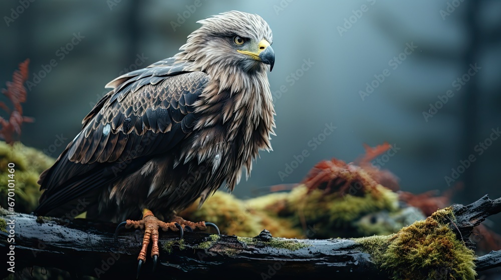 Poster  a close up of a bird on a tree branch with moss growing on the ground and in the background, a foggy sky and a few trees and a few leaves.  generative ai