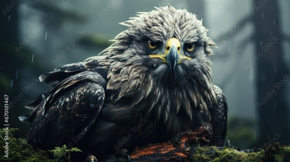 Poster a close up of a bird of prey on a tree branch in the rain with trees in the background and water dro