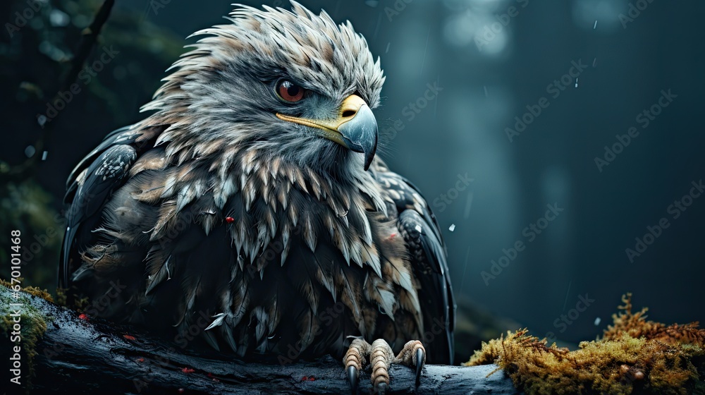 Poster  a painting of an eagle sitting on a tree branch in the middle of a forest, with rain falling on it's wings and a dark background of trees.  generative ai