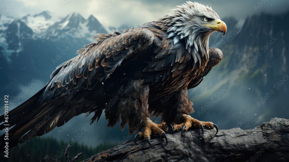 Poster a painting of an eagle perched on a tree branch in front of a mountain range with snow on the top of