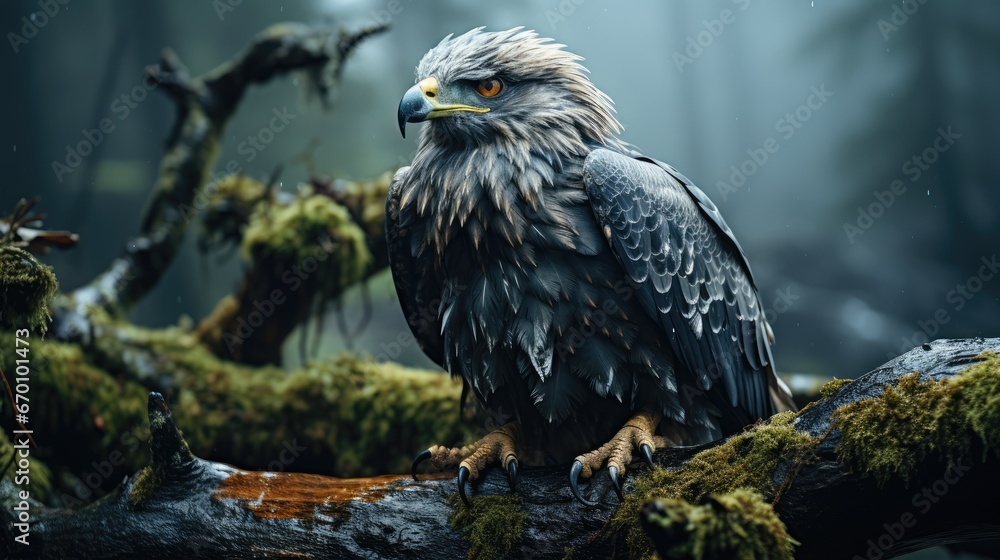 Aufkleber a close up of a bird of prey on a tree branch in the middle of a forest with moss growing on the gro
