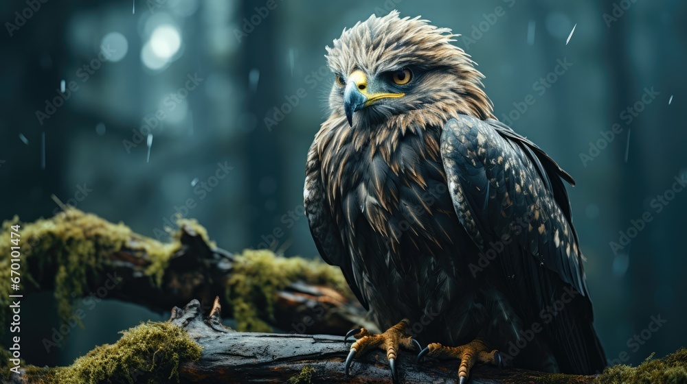 Poster  a close up of a bird on a tree branch in the rain with mossy branches in the foreground and a blurry background of trees in the background.  generative ai