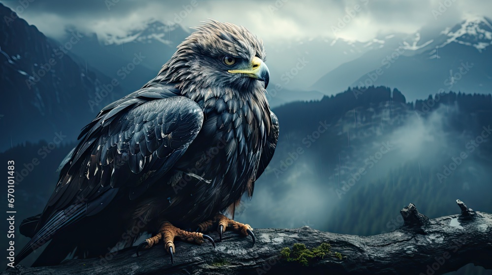 Poster a large bird sitting on top of a tree branch in front of a mountain range with clouds and fogs in th
