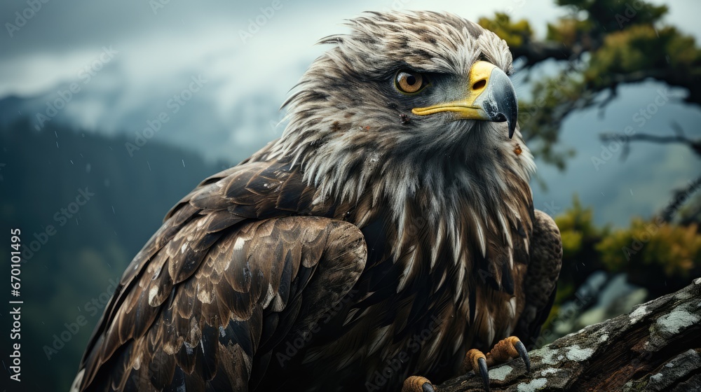Poster a close up of a bird of prey perched on a tree branch with a mountain in the back ground behind it a