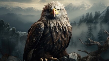  a painting of an eagle sitting on a tree branch with mountains in the back ground and fog in the air in the foreground, and fog in the foreground.  generative ai
