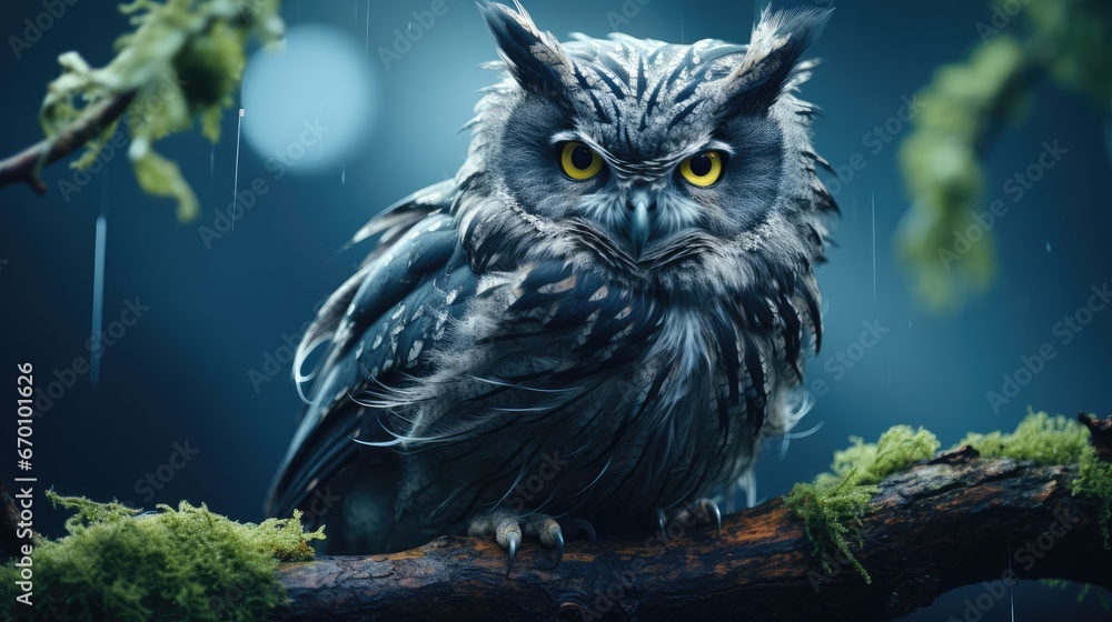 Poster  an owl with yellow eyes sitting on a tree branch in the rain with a full moon in the sky behind it and a tree branch with moss growing on it.  generative ai