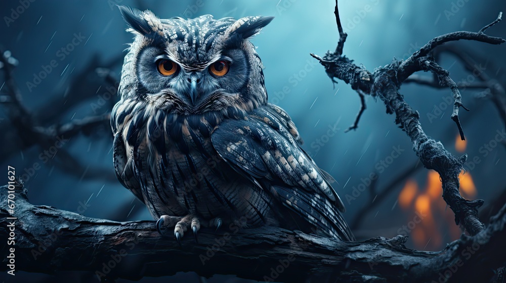 Poster  an owl sitting on a tree branch in the rain with a full moon in the background and a tree branch in the foreground with a fire in the foreground.  generative ai