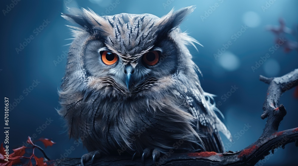 Poster a close up of an owl sitting on a tree branch with a blurry background and red leaves on the branch,