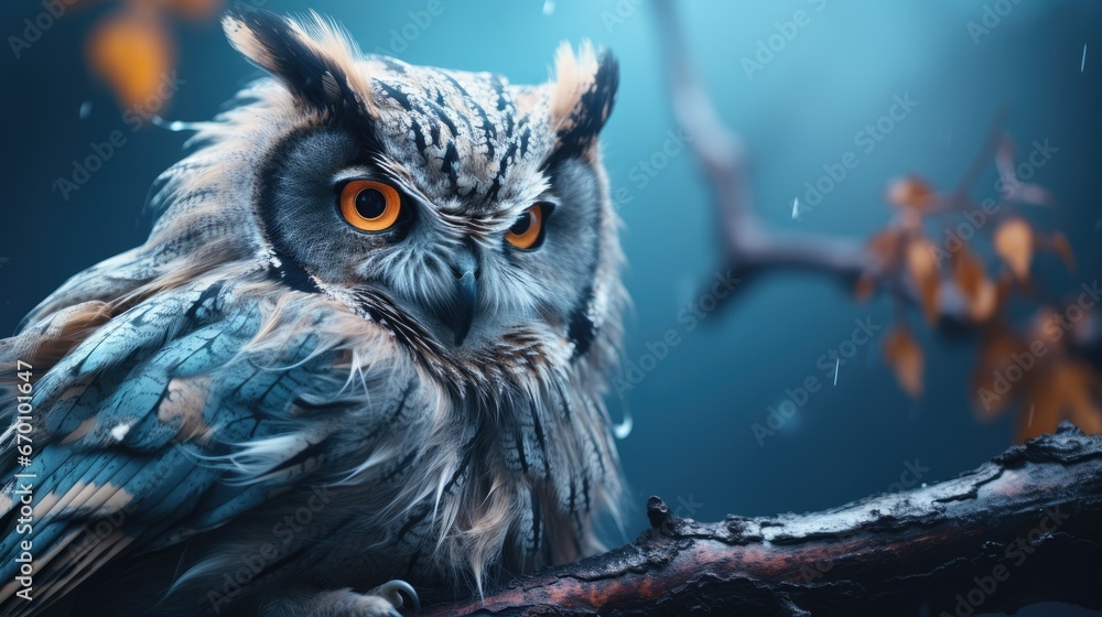 Poster a close up of an owl on a tree branch with a blue sky in the background and a tree branch with leave