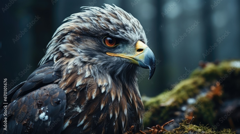 Poster  a close up of a bird of prey on a mossy ground with trees in the background and a forest in the backgrouch in the background.  generative ai