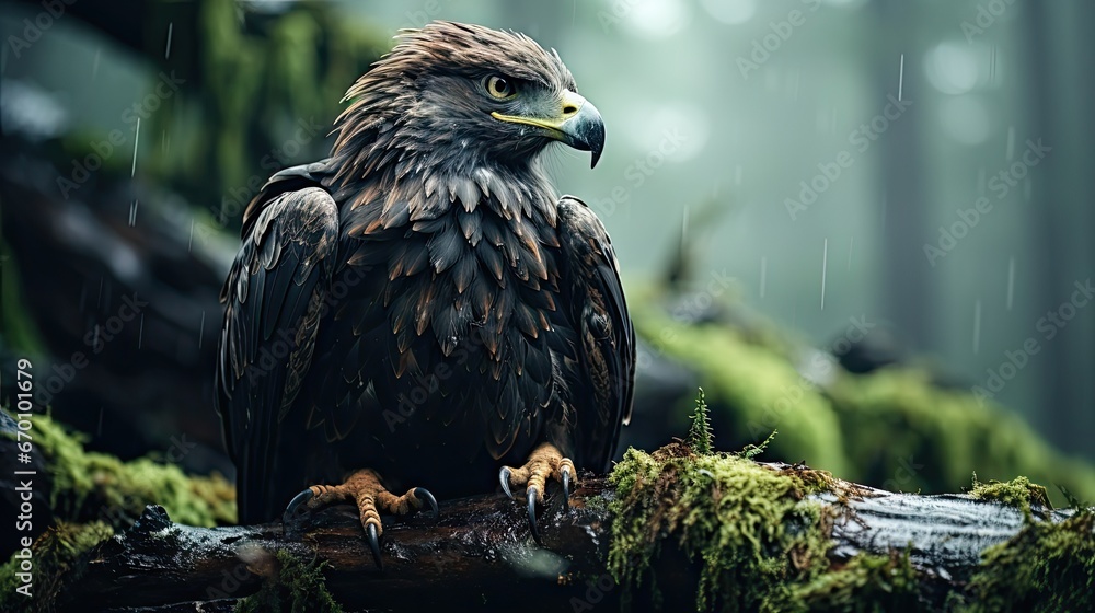 Poster  a large bird sitting on top of a tree branch in the middle of a forest filled with lots of green plants and mossy ground covered in front of rain.  generative ai