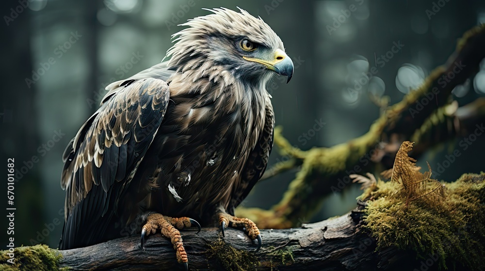 Poster  a close up of a bird on a tree branch with moss growing on it's sides and a forest in the background with trees and moss growing on the ground.  generative ai