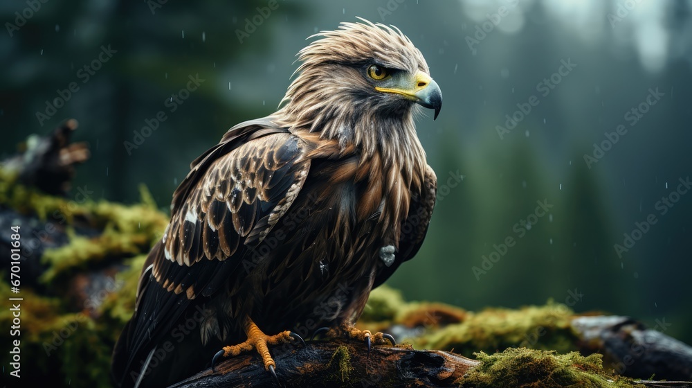 Poster  a close up of a bird of prey on a tree branch in the middle of a forest with rain falling on the ground and moss growing on the tree branches.  generative ai