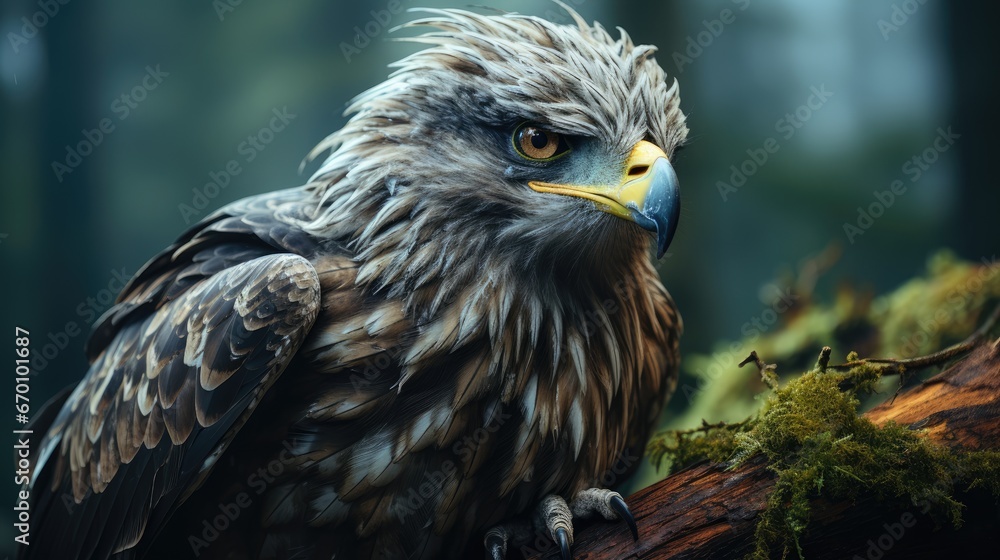 Poster a close up of a bird of prey sitting on a tree branch with moss growing on it's sides and a blurry b