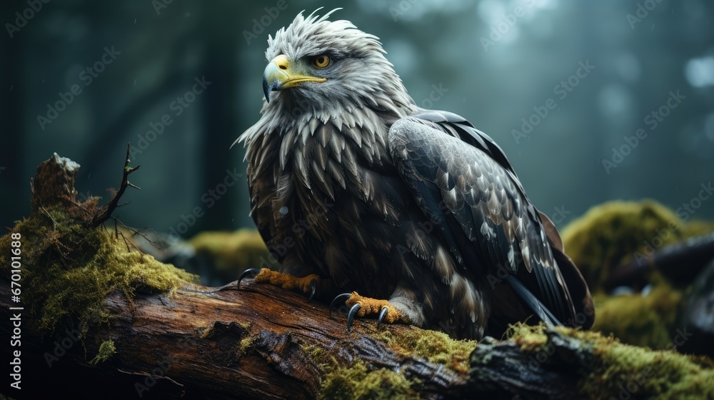 Poster  a close up of a bird of prey on a tree branch in the middle of a forest with moss growing on the ground and a tree branch in the foreground.  generative ai