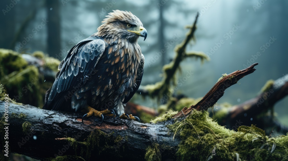 Poster a large bird sitting on a tree branch in the middle of a forest with moss growing on it's branches a