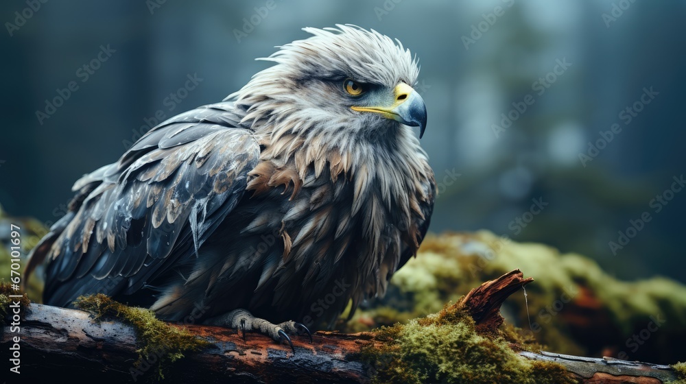 Poster a close up of a bird of prey on a tree branch with moss growing on the ground and in the background 