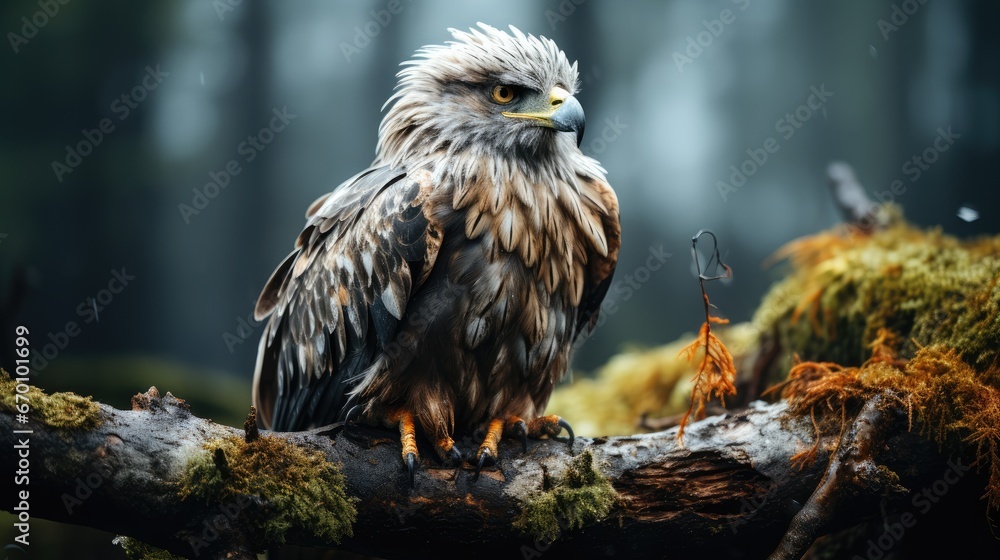Poster a close up of a bird on a tree branch in the middle of a forest with moss growing on the ground and 
