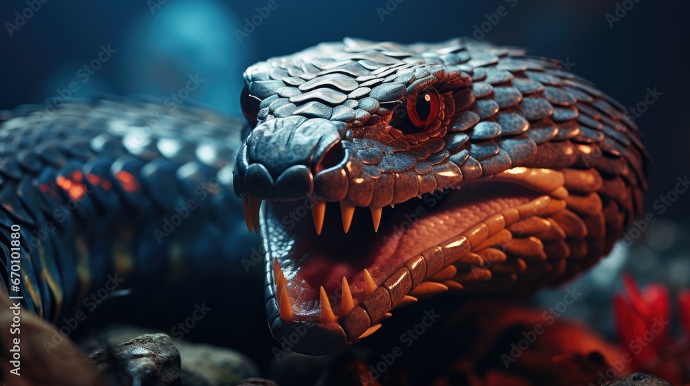 Aufkleber a close up of a snake's head with it's mouth open and it's tongue out in front of a dark background 