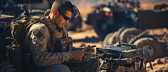 Soldier using a robotic drone machine at a mobile military station in the desert. Robotics-assisted smart war concept. - obrazy, fototapety, plakaty