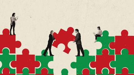 People put together colorful puzzle. Stop motion. Animation. Working in team. Collaboration.