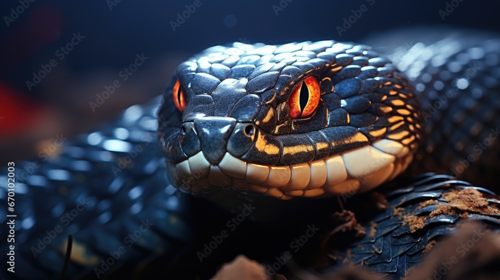 Aufkleber a close - up of a snake's head on a branch with a blurry background and a red light coming from the 