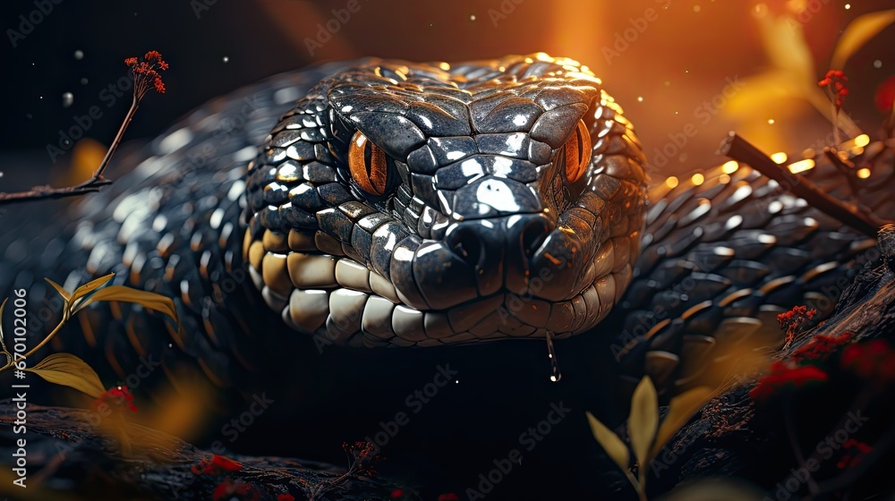 Aufkleber a close up of a snake's head on a branch of a tree with red flowers in the foreground and a bright l