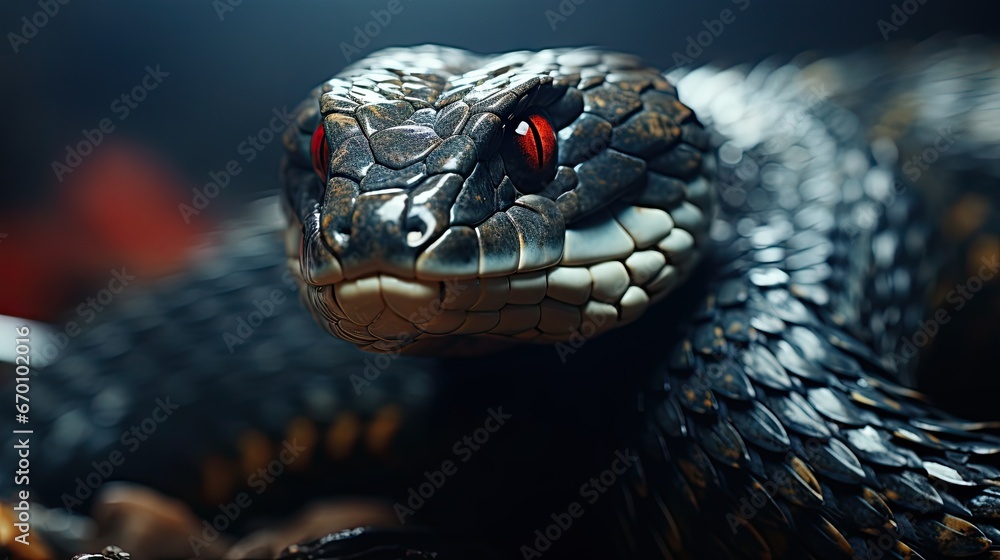 Poster a close up of a snake's head with a red light in the middle of it's eye and a blurry background of a