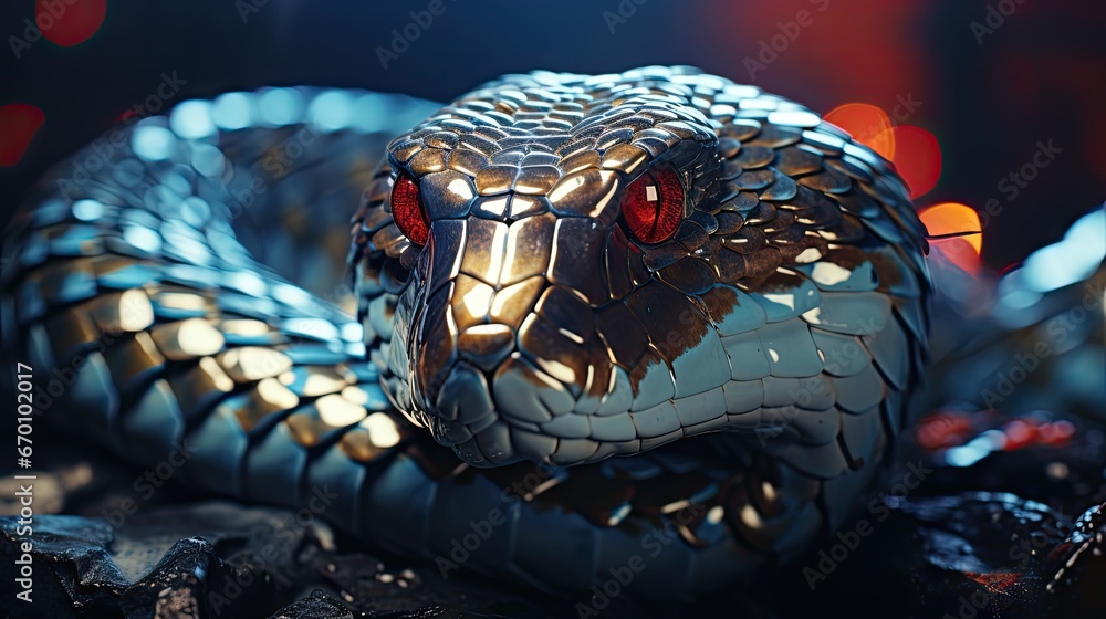 Poster a close up of a snake with red eyes on it's head and a blurry background of red and blue lights in t