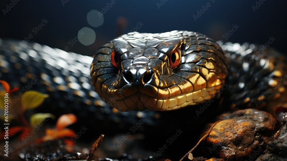 Poster a close - up of a snake's head with a blurry background of leaves and rocks in the foreground and a 