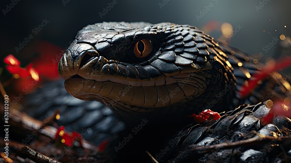 Aufkleber a close - up of a snake's head on a black background with red and yellow lights in the foreground an