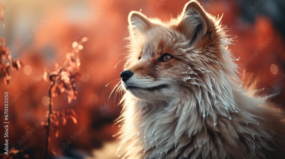 Poster a close up of a fox in a field of grass with a blurry background of red and yellow flowers in the fo
