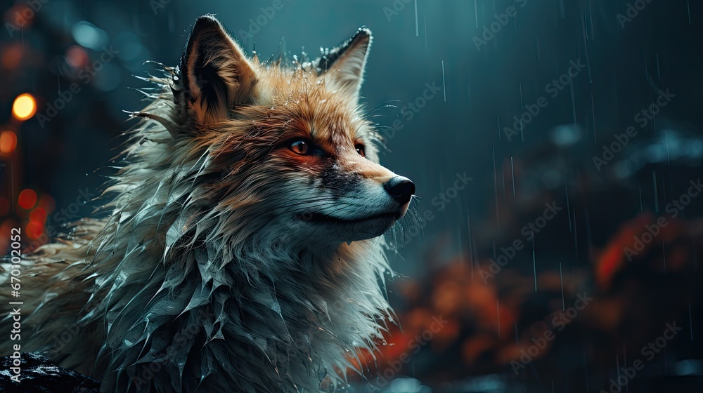 Poster a close up of a fox in the rain with it's head turned to the right and it's eyes open and it's head 
