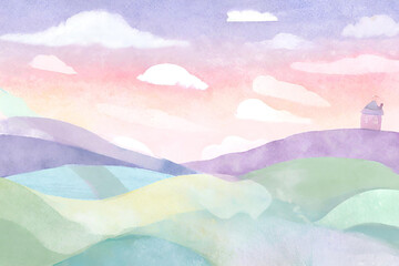 Watercolor landscape with mountains, sky and clouds. Hand drawn illustration. Generative AI